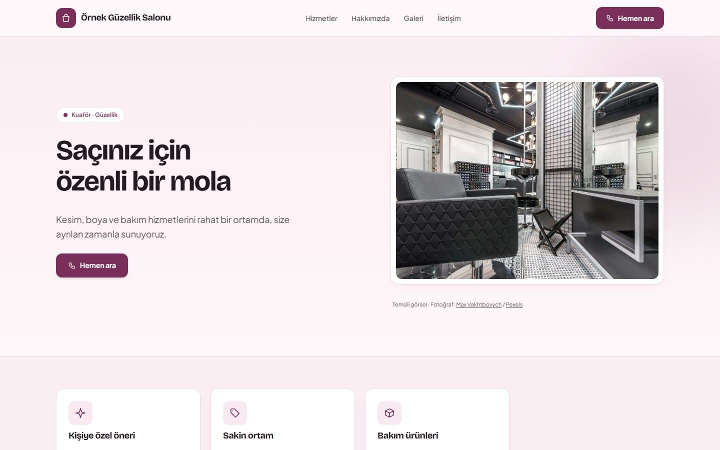 Kuaför & Güzellik Salonu için Erik temalı örnek web sitesi